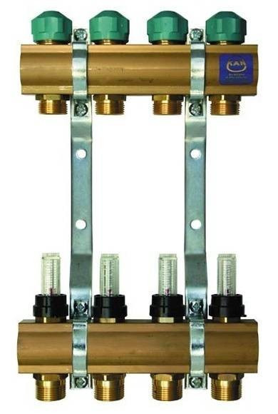 Распределитель с профилем 1" для панельного отопления с вентилями и расходомерами (серия 75A) 7 (326х350х80)